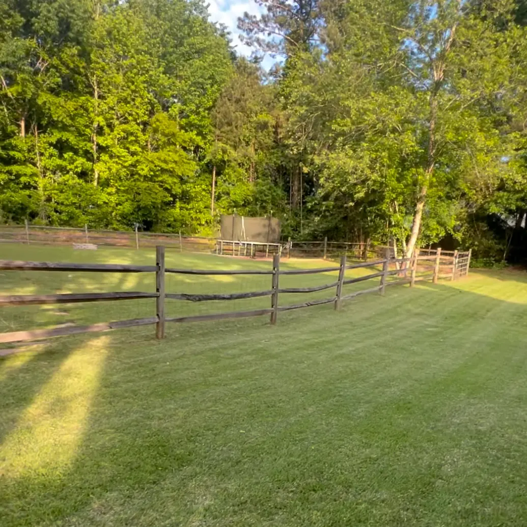 Striped backyard along a split-rail fence